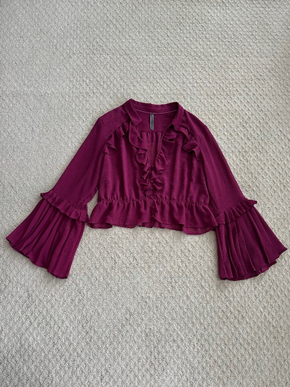 Anthropologie Sheer Ruffled V-Neck Blouse Berry XL Cropped Flowy Lightweight - Picture 3 of 15